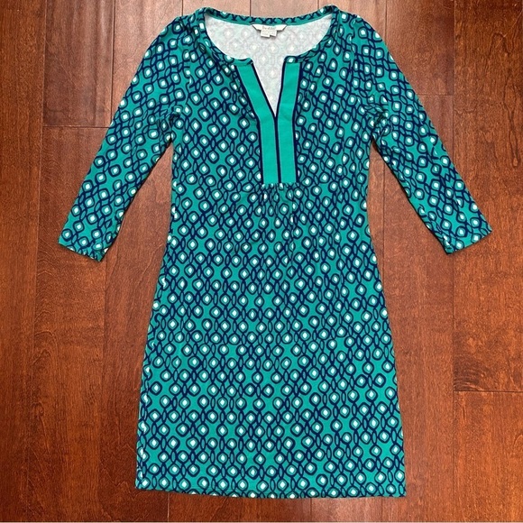 Boden Isobel Blue Geometric Tunic Dress with Grosgrain Ribbon Neckline, Size 2 - Picture 3 of 14